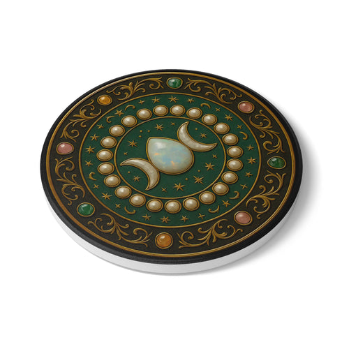 Round ceramic drink coaster featuring a Triple Moon symbol with a central moonstone illustration surrounded by gold stars and pearl-like accents. The rich green and gold baroque background evokes celestial and gothic themes. The coaster has a non-slip cork base and is approximately 4 inches in diameter. Perfect for hot or cold drinks, this witchy piece suits whimsigoth, celestial, and spiritual home decor aesthetics.